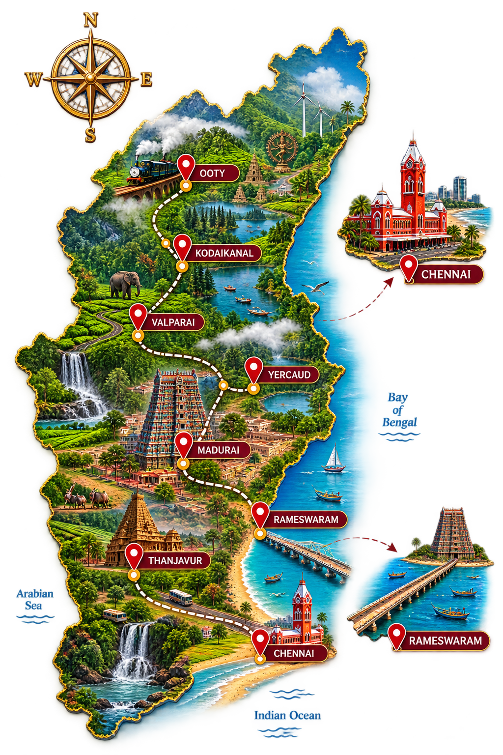 Illustrated map of Tamil Nadu showing the VR Travels route from Tiruppur to Ooty, Kodaikanal, Valparai, Yercaud, Madurai, Rameswaram, Thanjavur and Chennai
